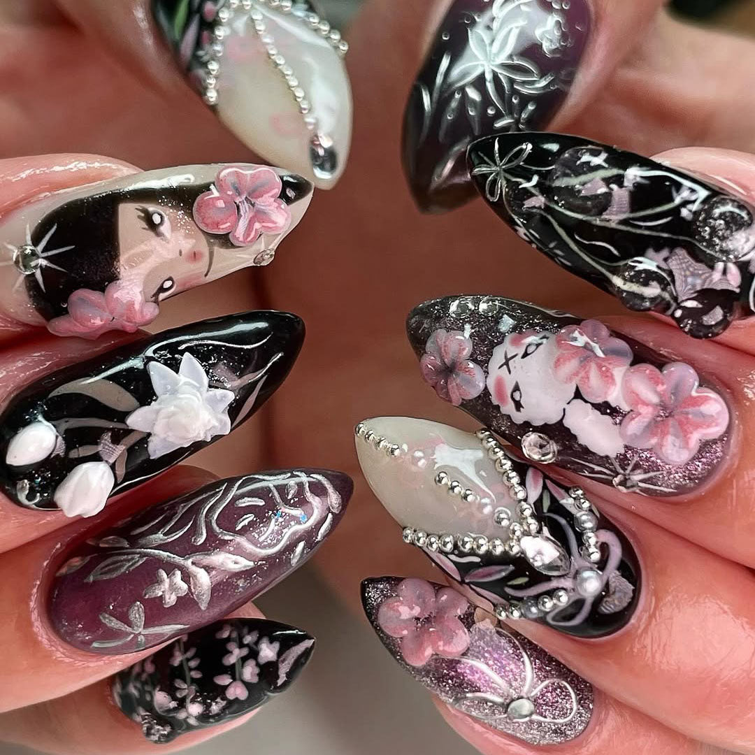 Geisha Sakura 3D Press On Nails with Floral Art Details