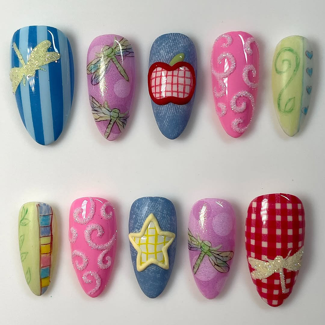 Gingham Apple & Dragonfly Press On Nails with Playful 3D Accents