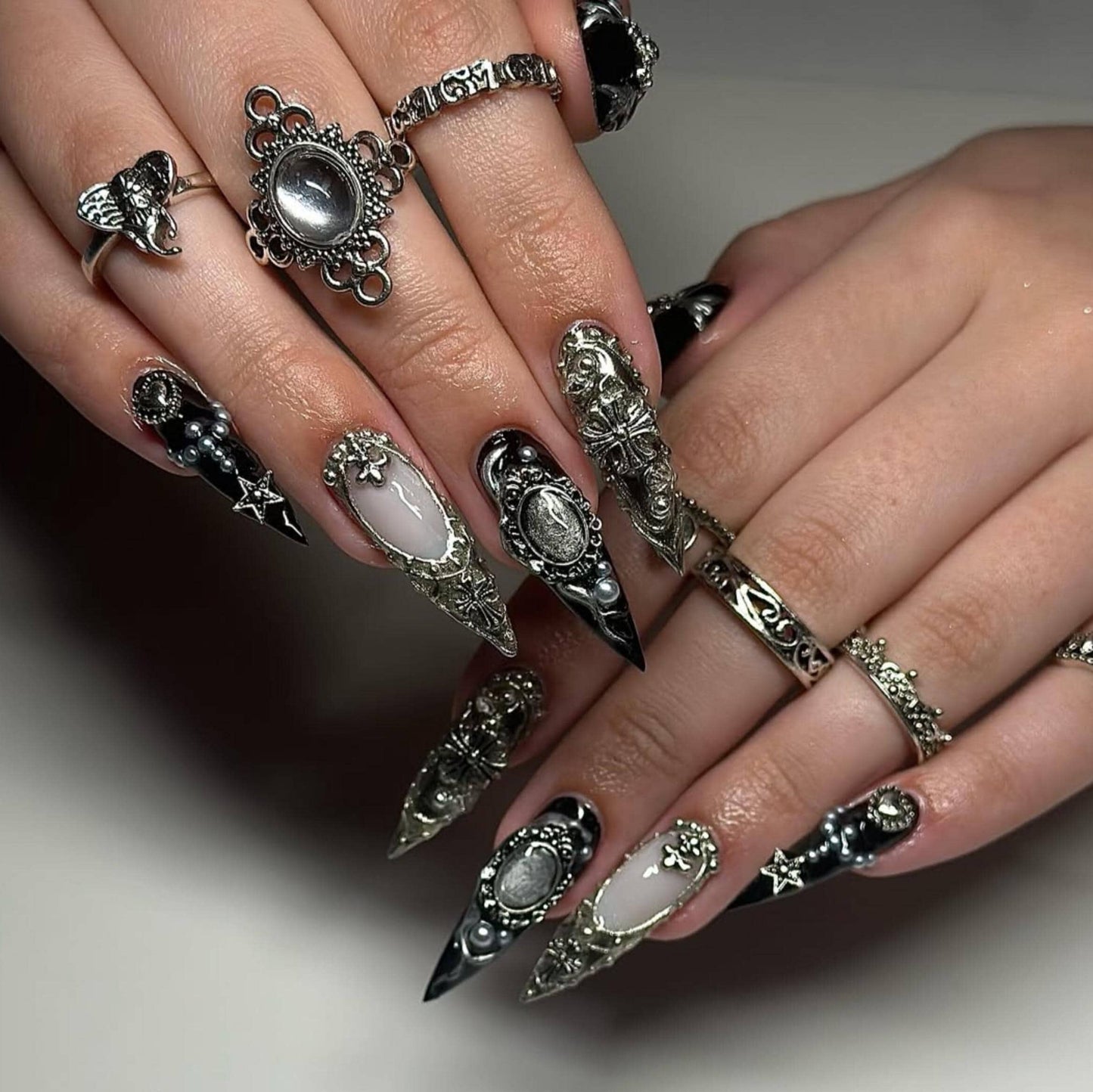 Gothic Baroque Metal Press On Nails - Gothic Black Silver 3D Press On