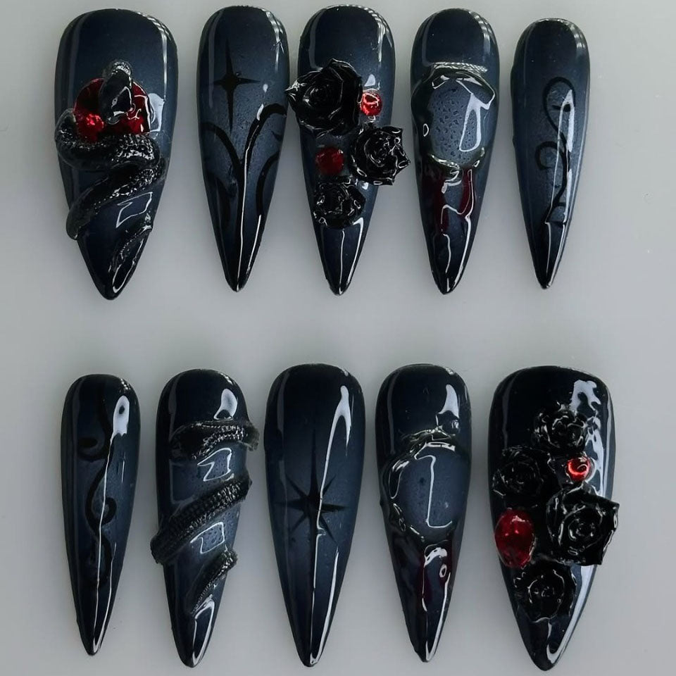 Gothic Black Rose and Snake 3D Press On Nails