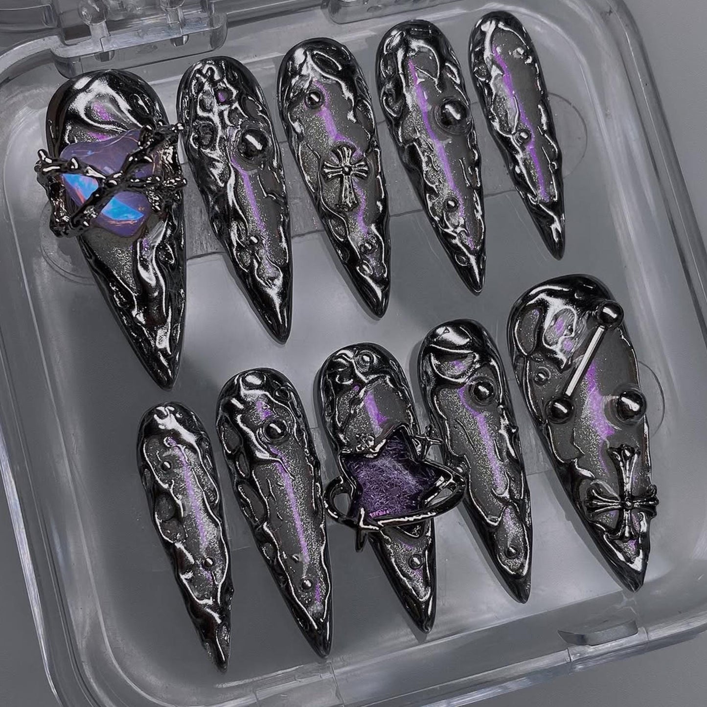 Gothic Chrome Purple Flame Press On Nails Set
