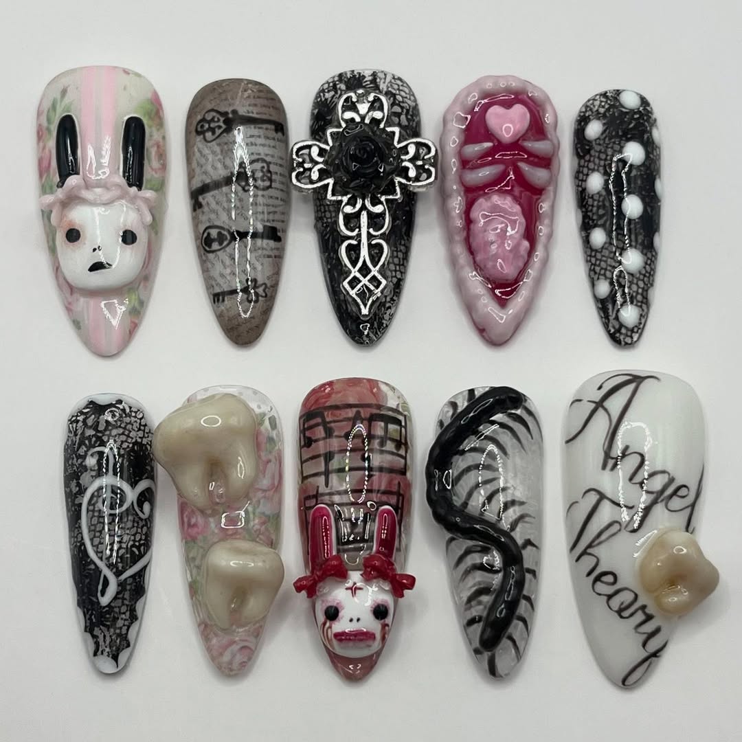 Gothic Handmade Press-On Nails with Dark Angel and Fantasy Art