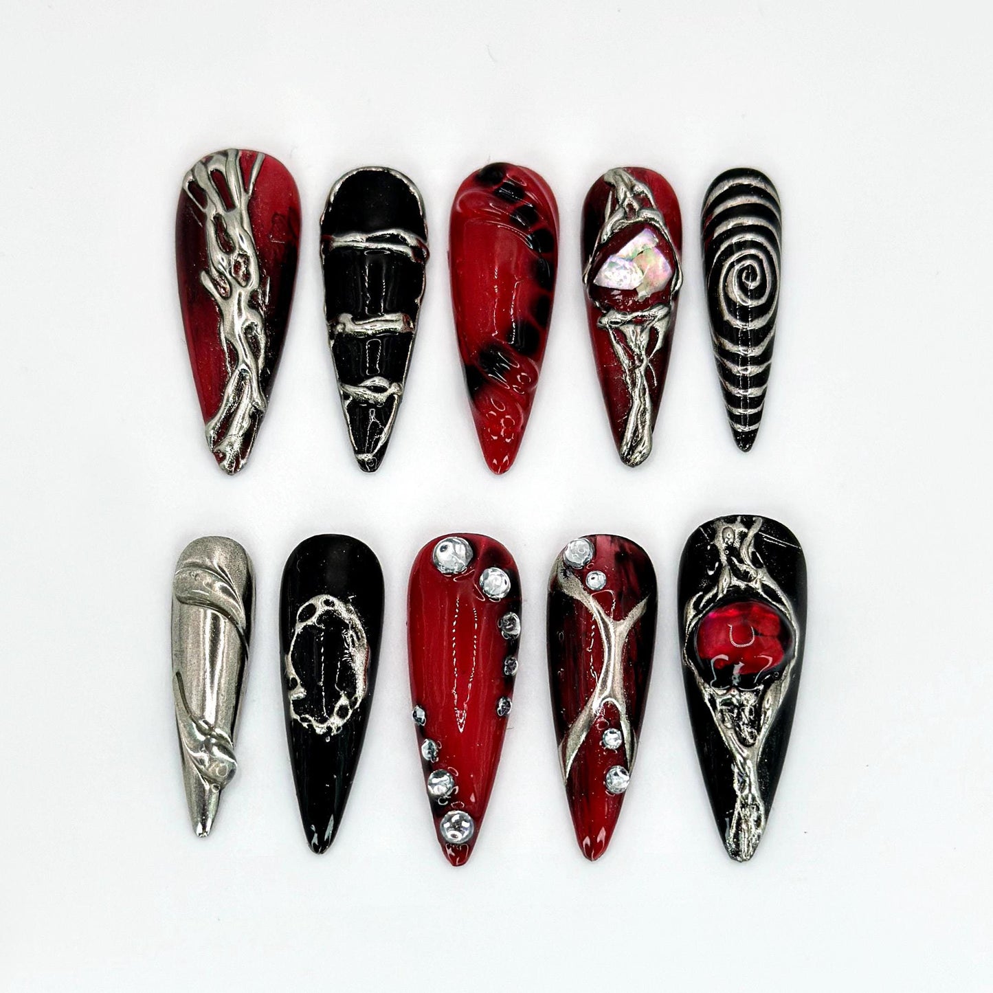 Gothic Red Black Metallic 3D Press-On Nails