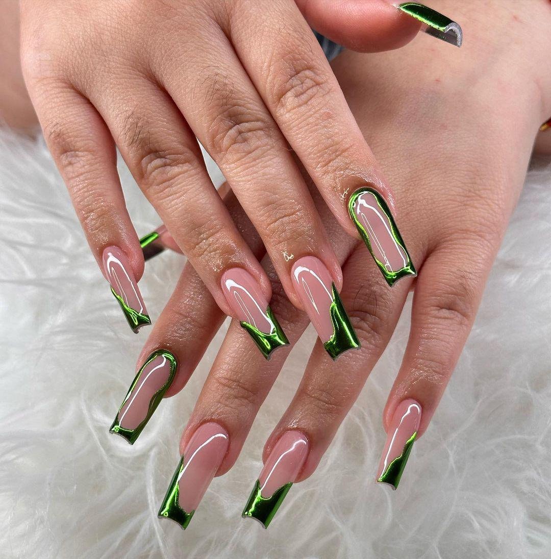 Green Chrome French Edge Press On Nails Set