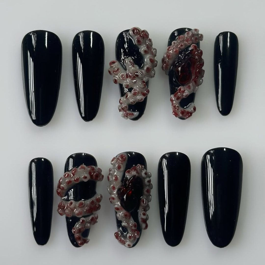 Handmade Press-On Nails with Black Base and 3D Octopus Tentacles