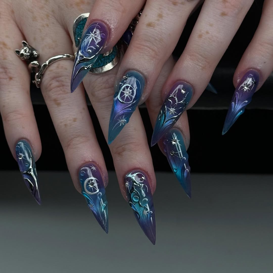 Handmade Press-On Nails with Cosmic Galaxy Constellation and Moon Accents