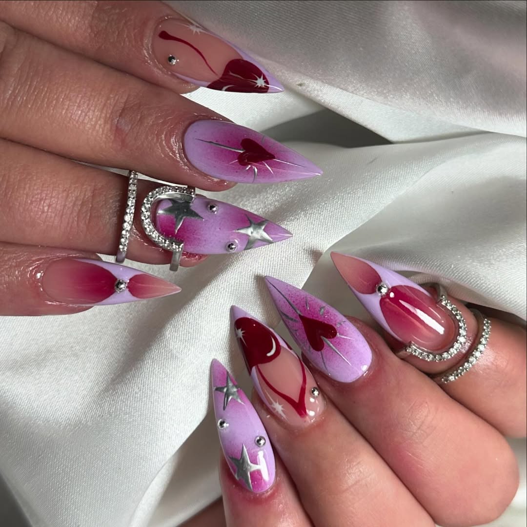 Handmade Press-On Nails with Pink Hearts, Stars, and Lunar Accents