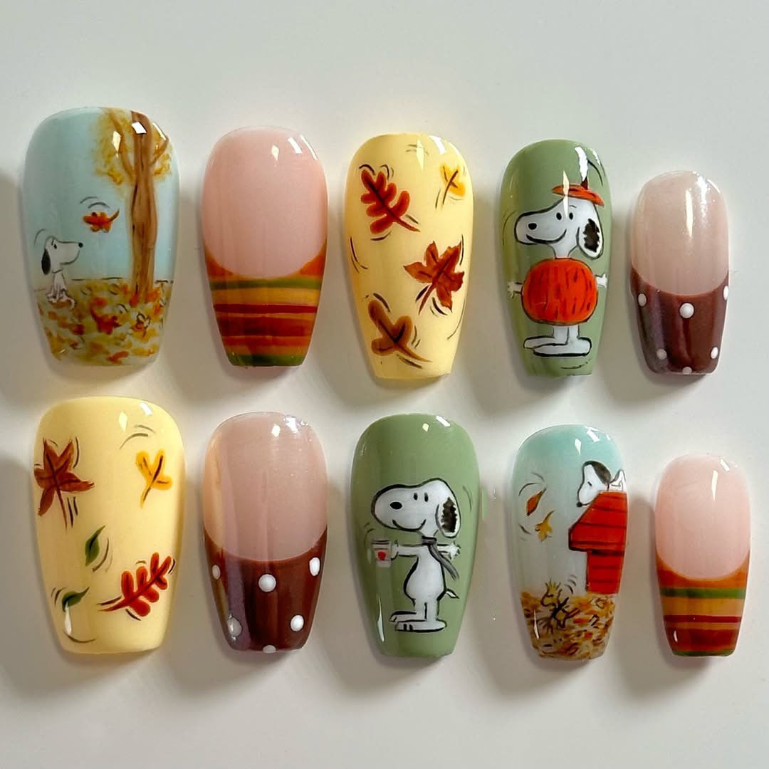 Handmade Snoopy Autumn Pumpkin Falling Leaves Artistic Nails