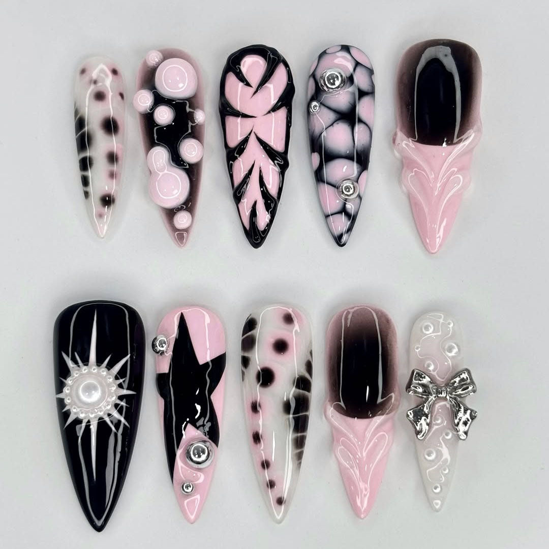 Handpainted Pink Black White Press On Nails with Star, Bow, and Bubble 3D Accents
