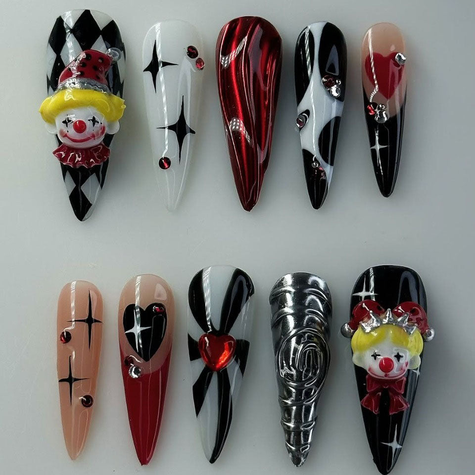 Harlequin Clown 3D Press On Nails in Red, Black and White
