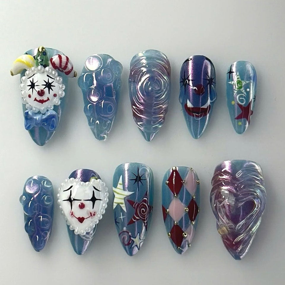 Harlequin Clown 3D Press On Nails with Star and Heart Designs