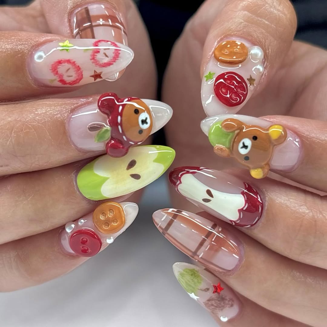 Kawaii Bear Apple Press On Nails Autumn Picnic Set – Lisa Nail Art