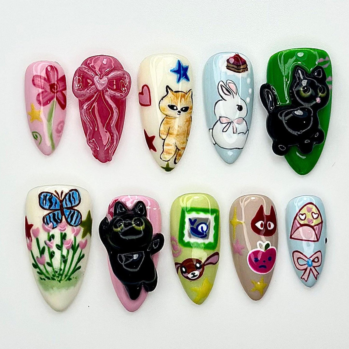 Kawaii Cat Bunny Ribbon Press On Nails