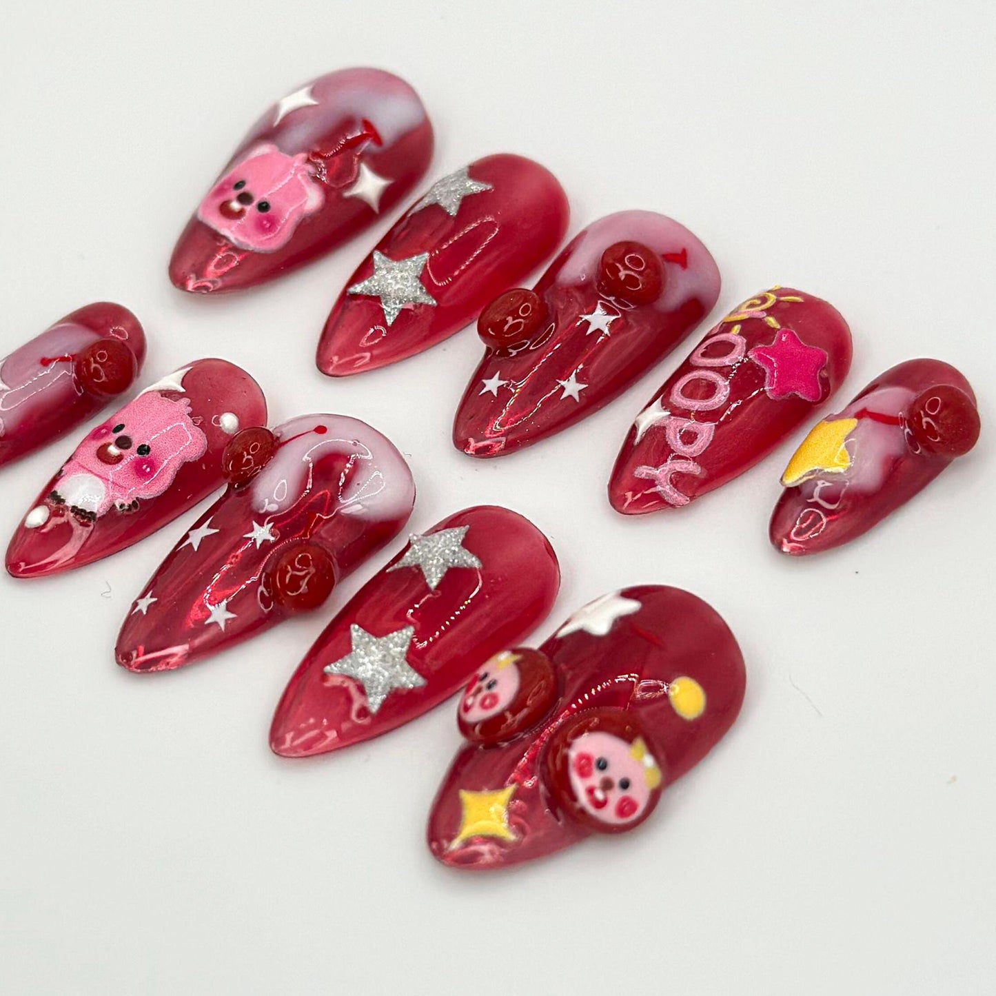 Handmade Loopy Cartoon Press On Nails - Loopy Pink Bear Cartoon Nails