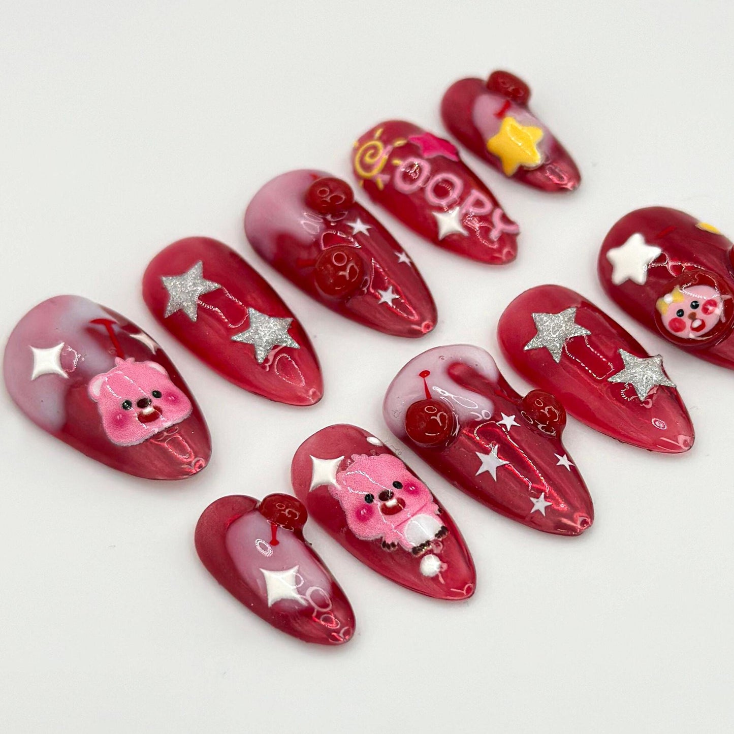 Handmade Loopy Cartoon Press On Nails - Loopy Pink Bear Cartoon Nails
