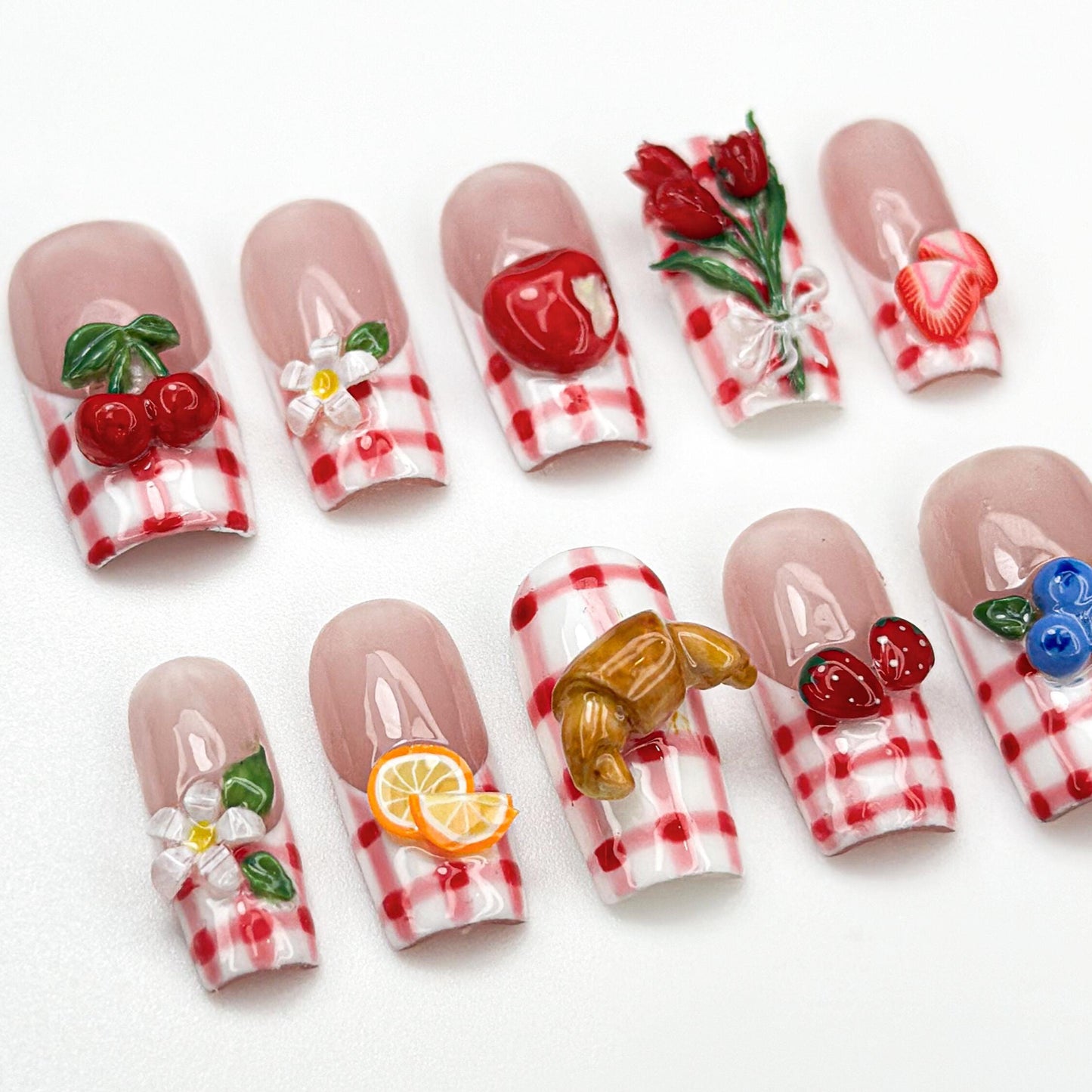 Picnic Gingham Press On Nails with Fruit Charms