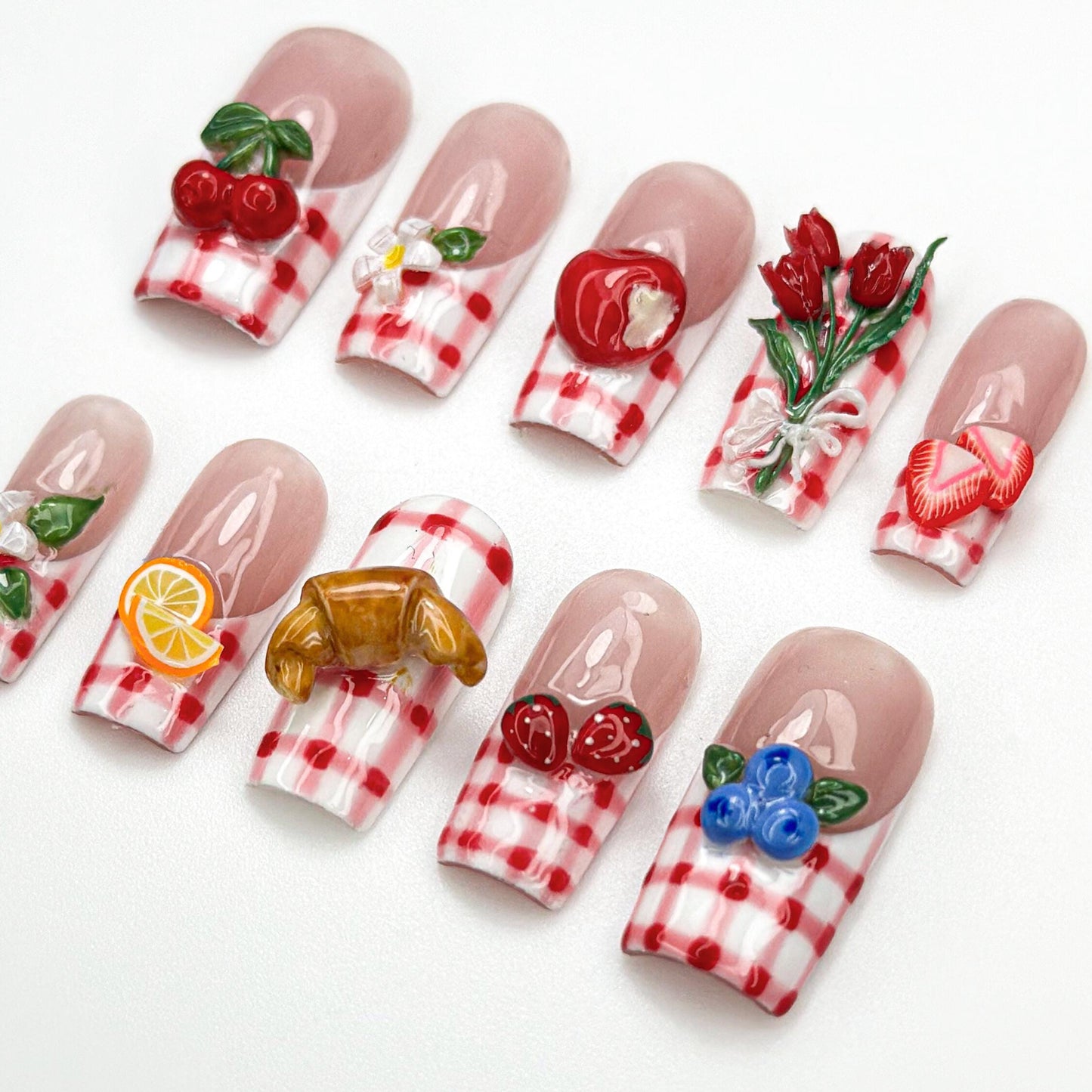 Picnic Gingham Press On Nails with Fruit Charms