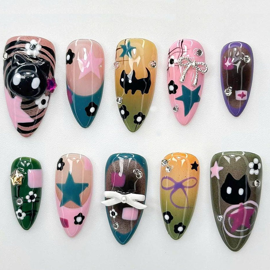 Playful 3D Cat Star Press On Nail Set