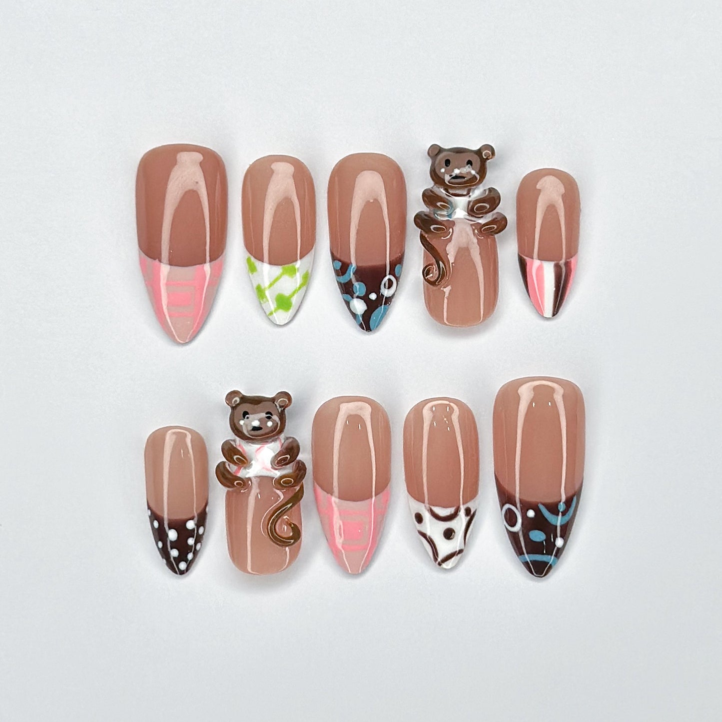 Playful Monkey 3D Press On Nails with Colorful Designs