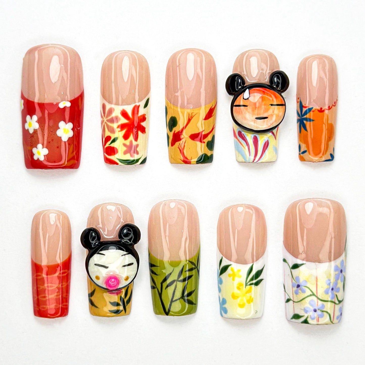 Pucca Cartoon Press On Nails - Hand-Painted Floral Japanese Press Nails