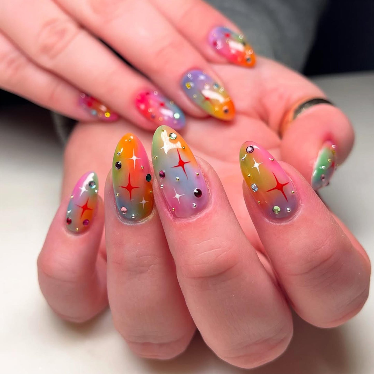Rainbow Sparkle Press-On Nails with Dazzling Charm.