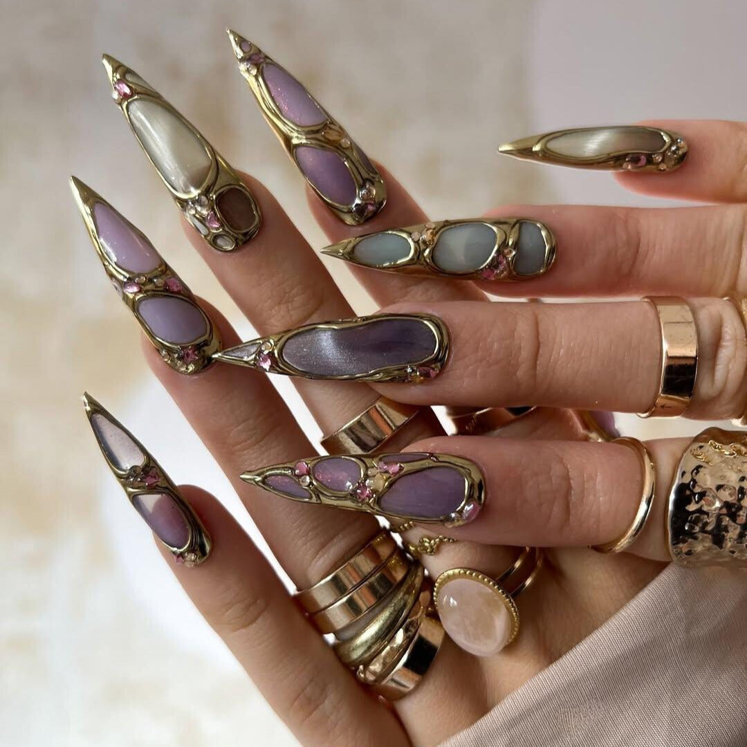 Royal Gemstone Crown Press On Nails - Gold Frame Pastel Jewel Press Nails