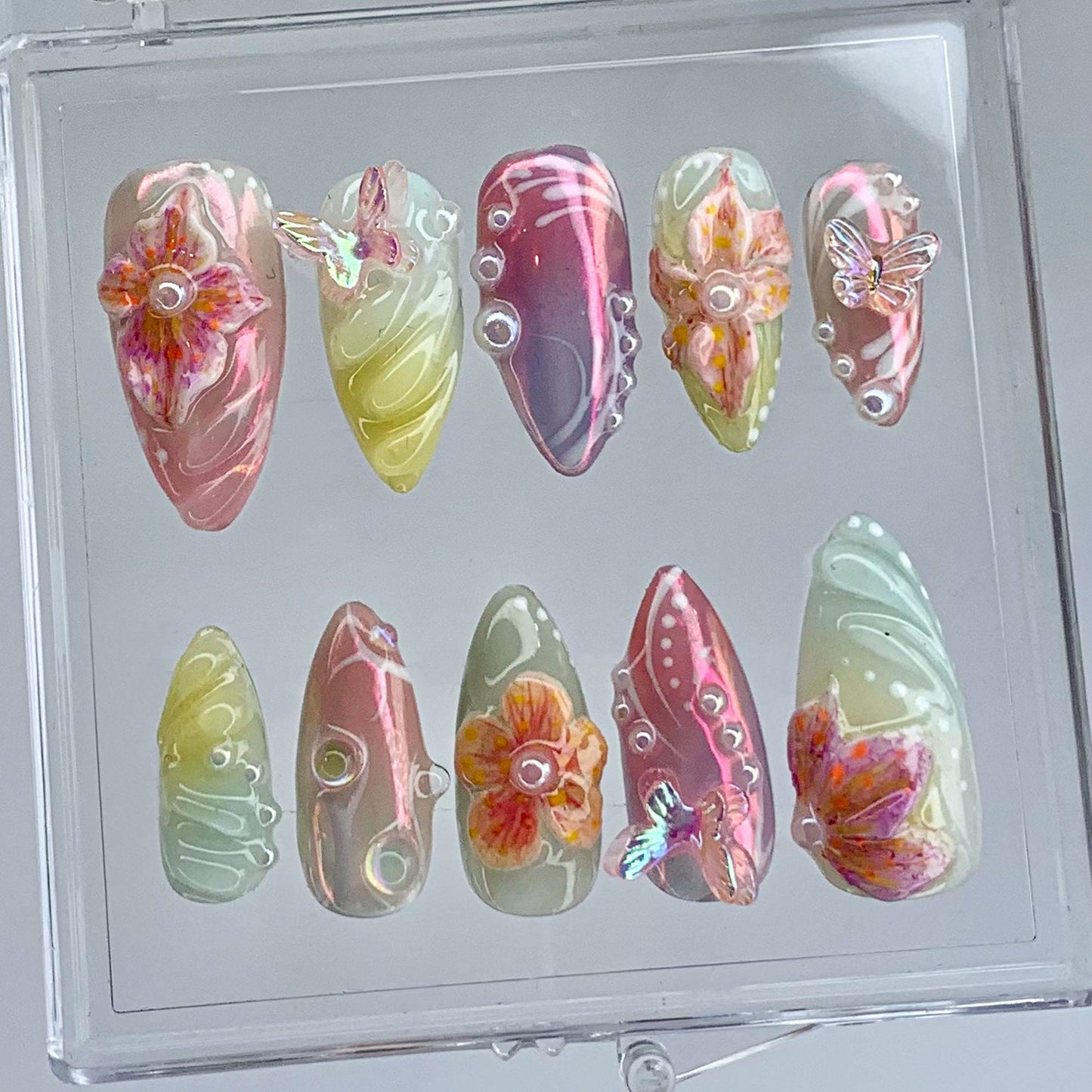 Secret Garden Press On Nails Long Almond Pastel Floral Fantasy