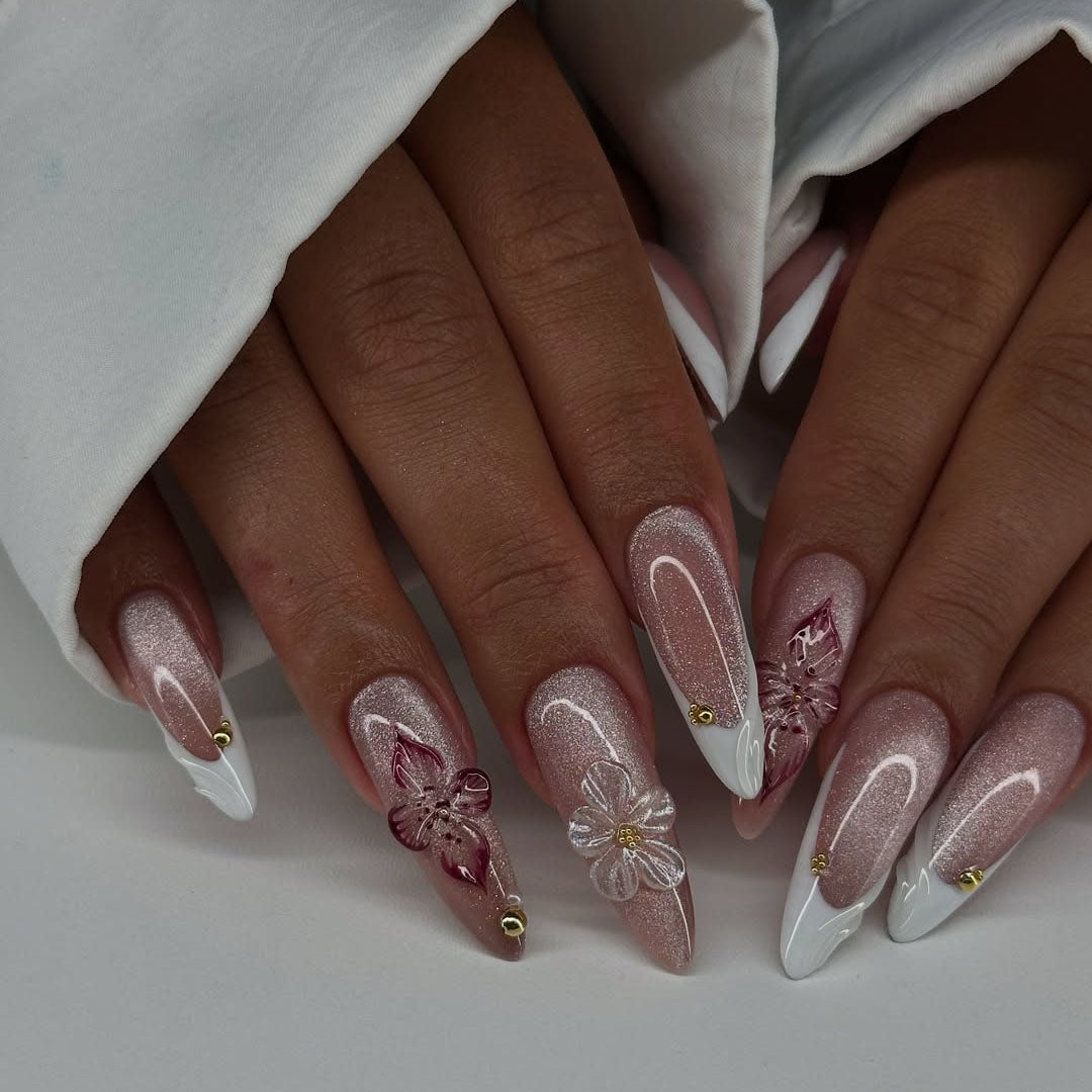 Shimmer Pink Glitter Press-On Nails with White French Tips and 3D Flowers