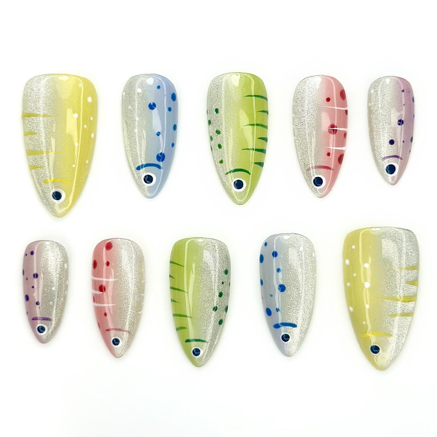 Shimmering Tropical Fish Press On Nails -Colorful Abstract Silver Press On Nails