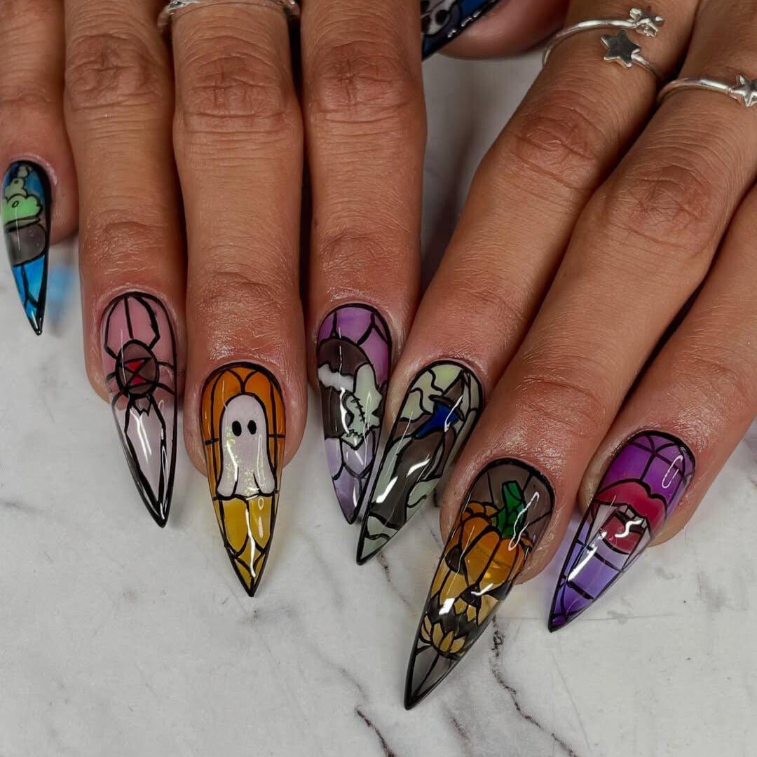 Stained Glass Halloween Press On Nails - Stained Glass Skull Halloween Press On