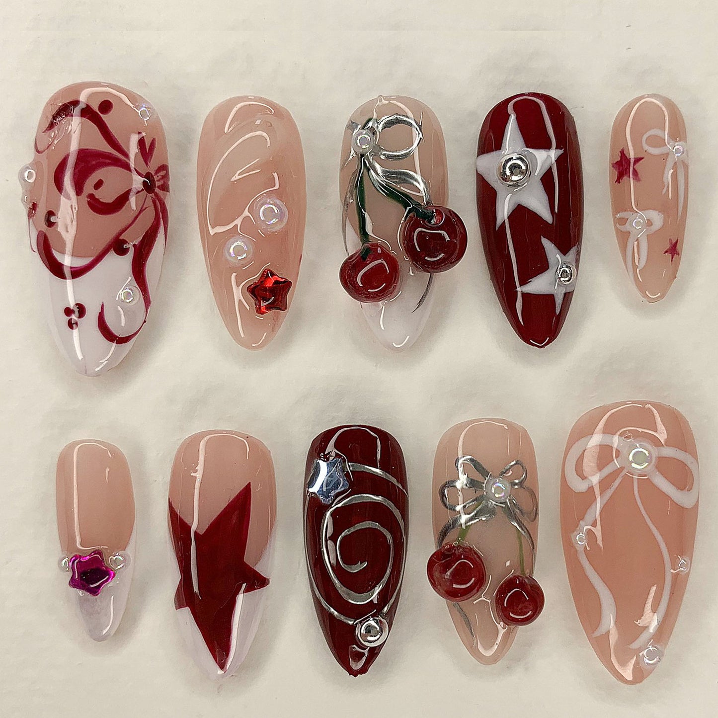 Stunning Cherry Star Nail Art Set - Elegant & Unique