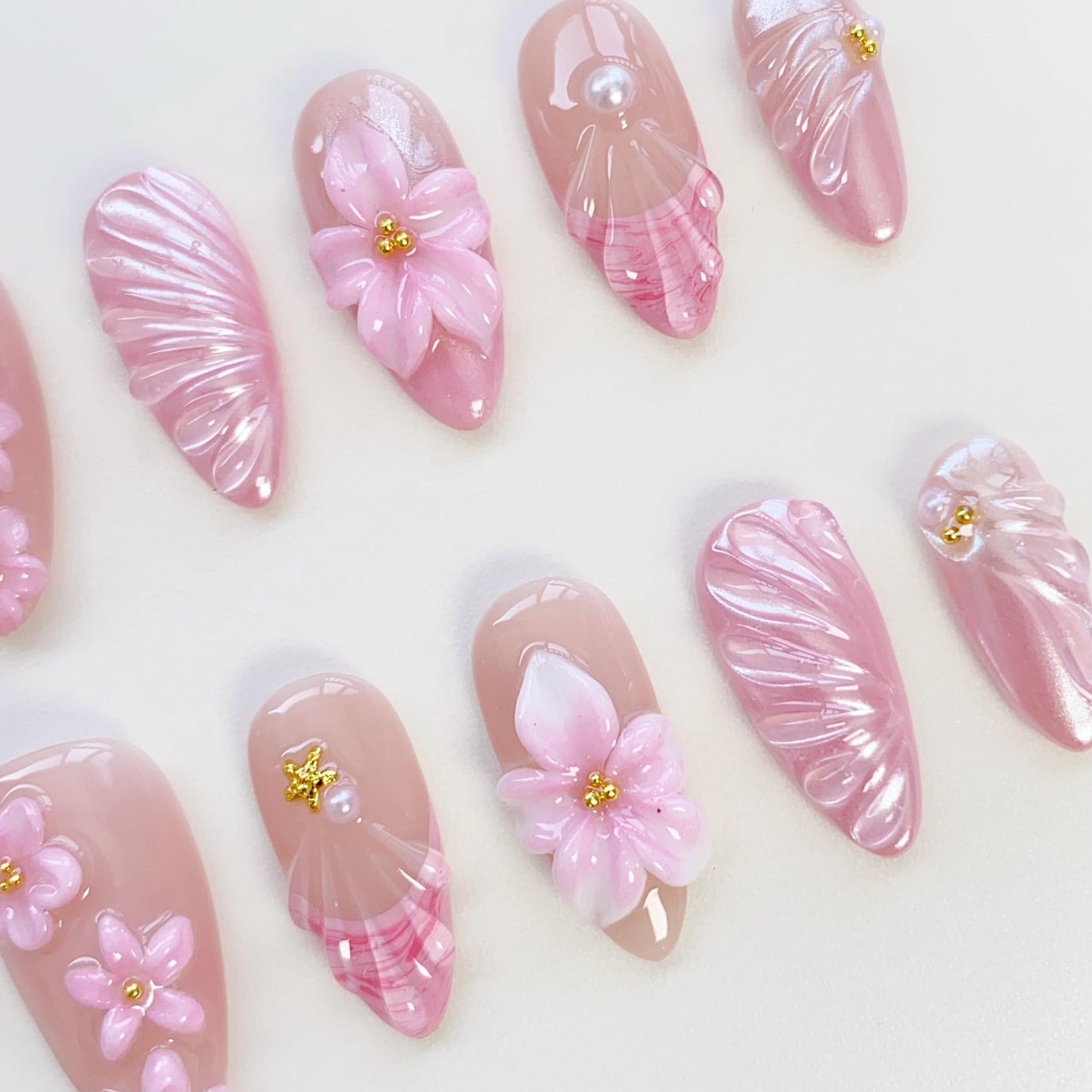 Summer Floral Bloom Pink Press On Nails - Blossom Pink 3D Floral Press Ons
