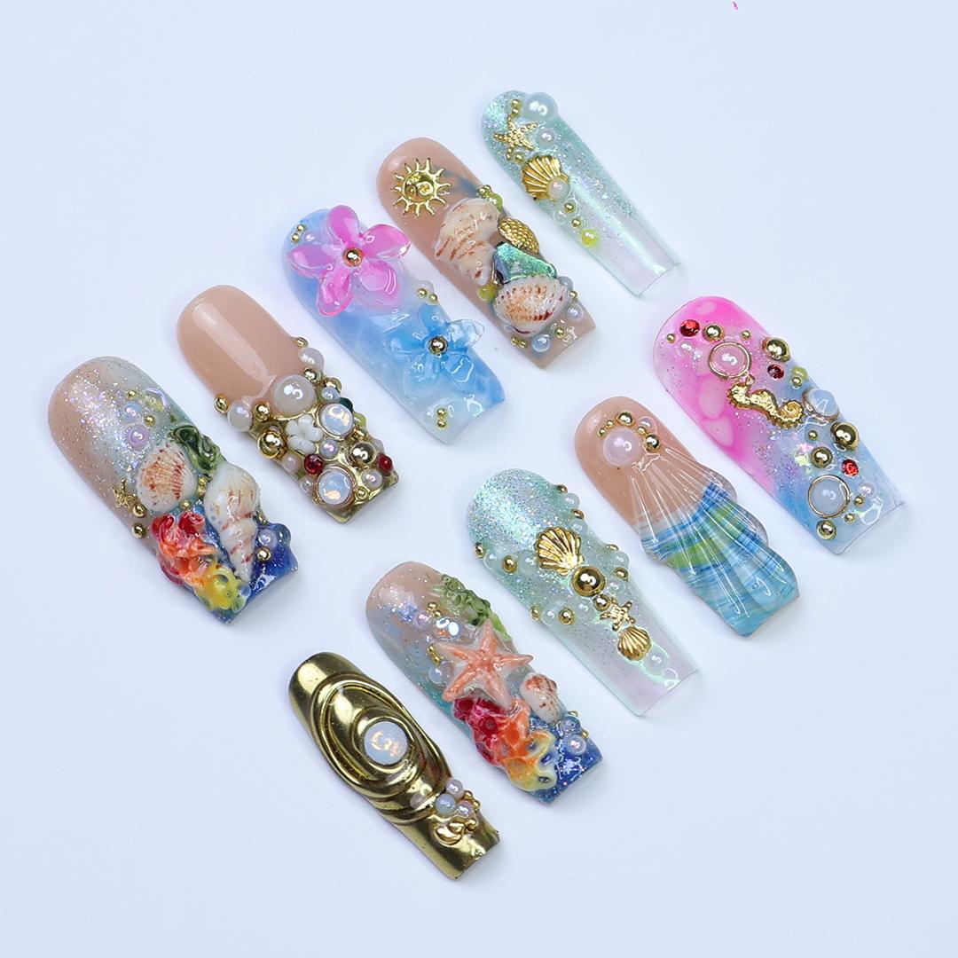 Summer Ocean Press-On Nails with 3D Seashell and Starfish Charms