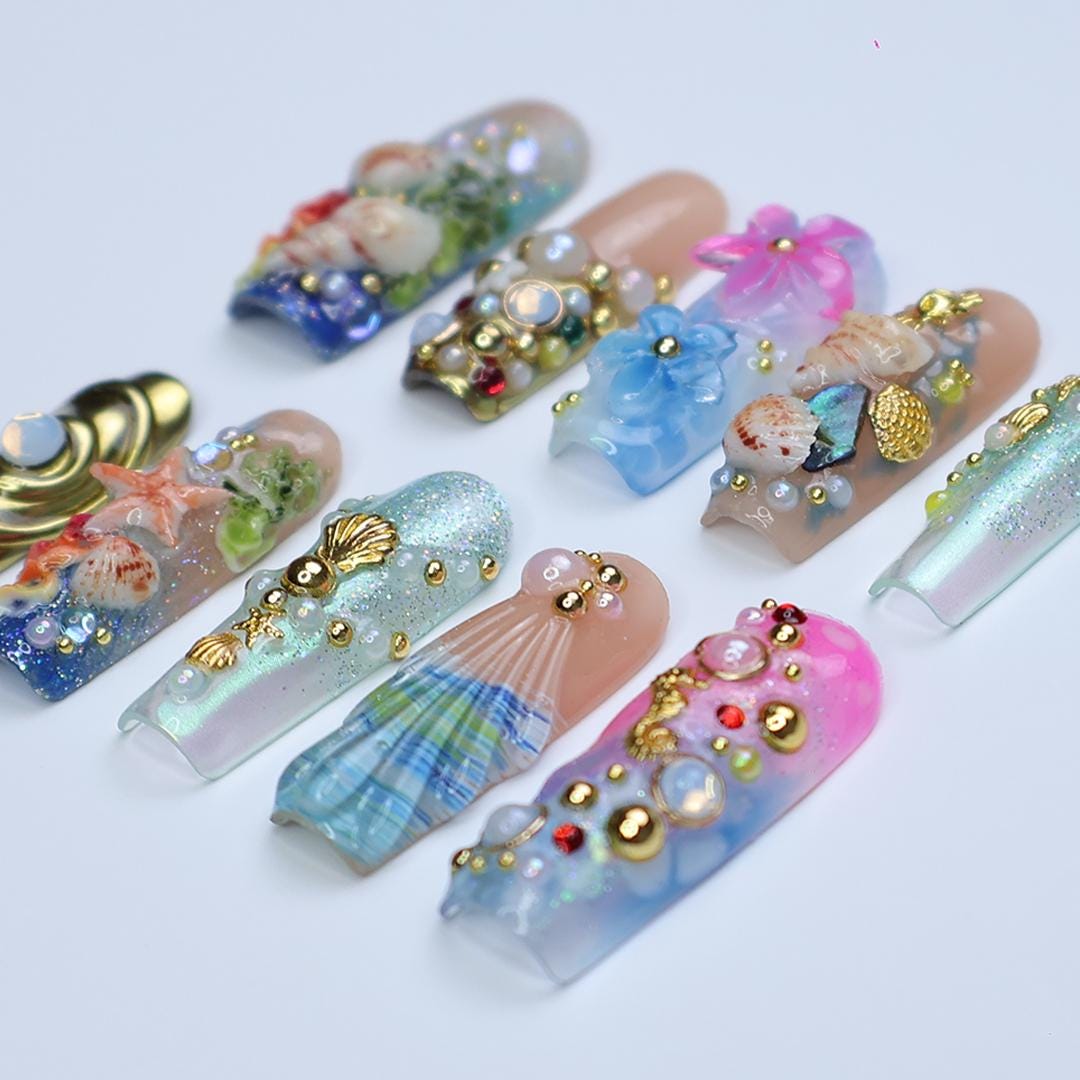Summer Ocean Press-On Nails with 3D Seashell and Starfish Charms