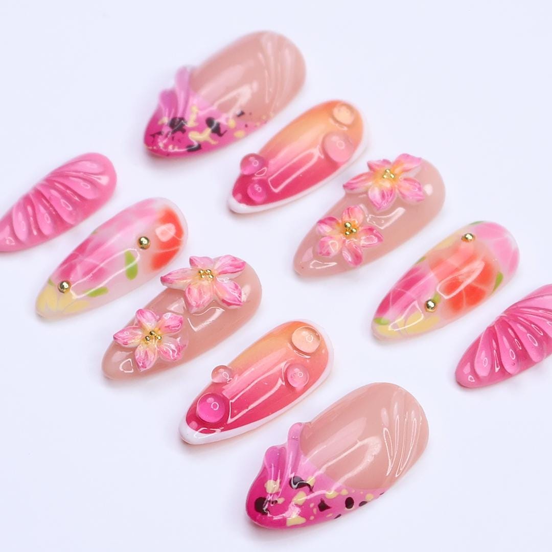 Summer Ombre Nails with 3D Pink Flowers