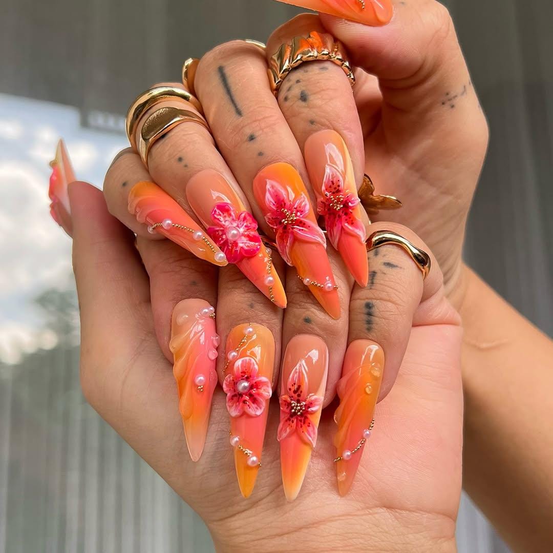 Sunset Bloom 3D Stiletto Press On Nail Set