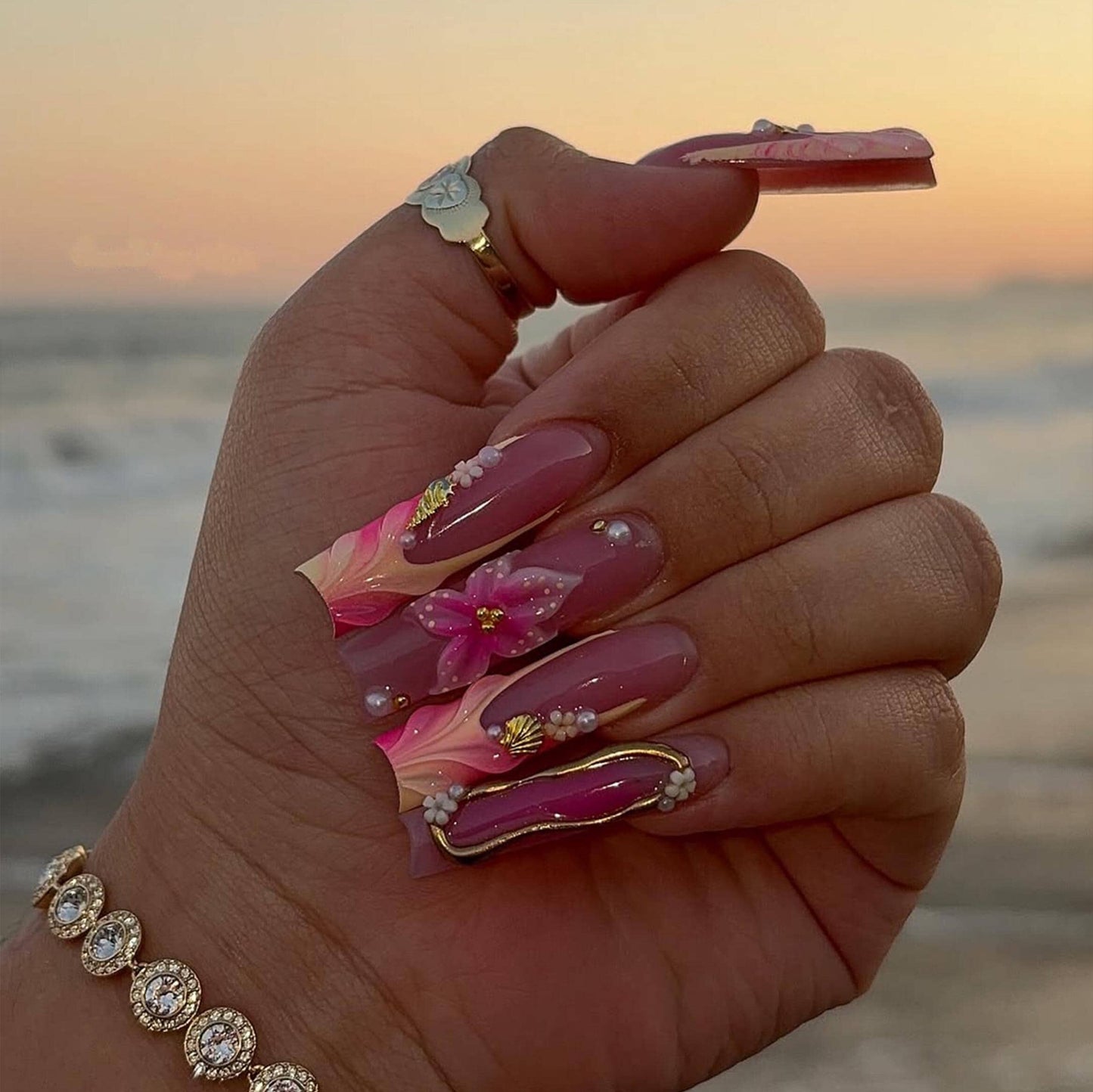 Sunset Bloom Press On Nails - Tropical Sunset Floral Press On Nails