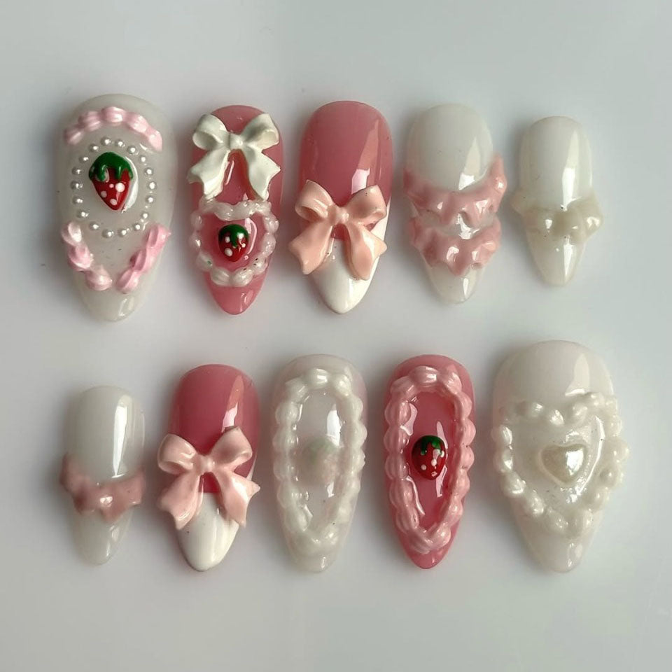 Sweet Strawberry Bow 3D Press On Nails in Pink and White