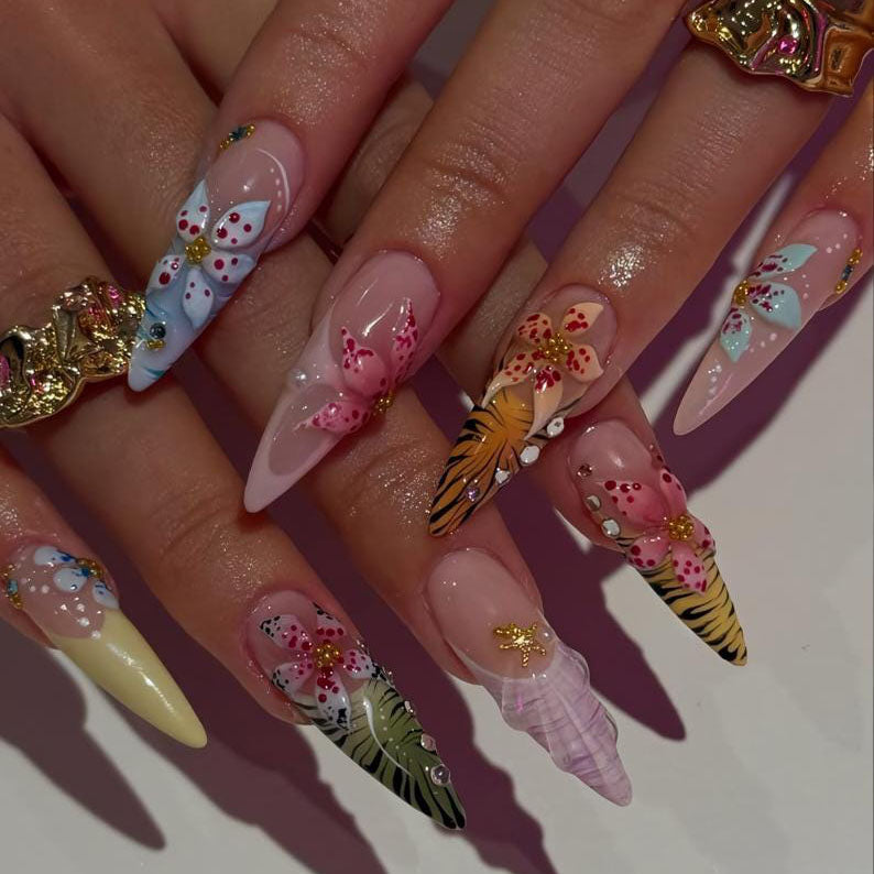 Tropical Jungle Floral 3D Press On Nails