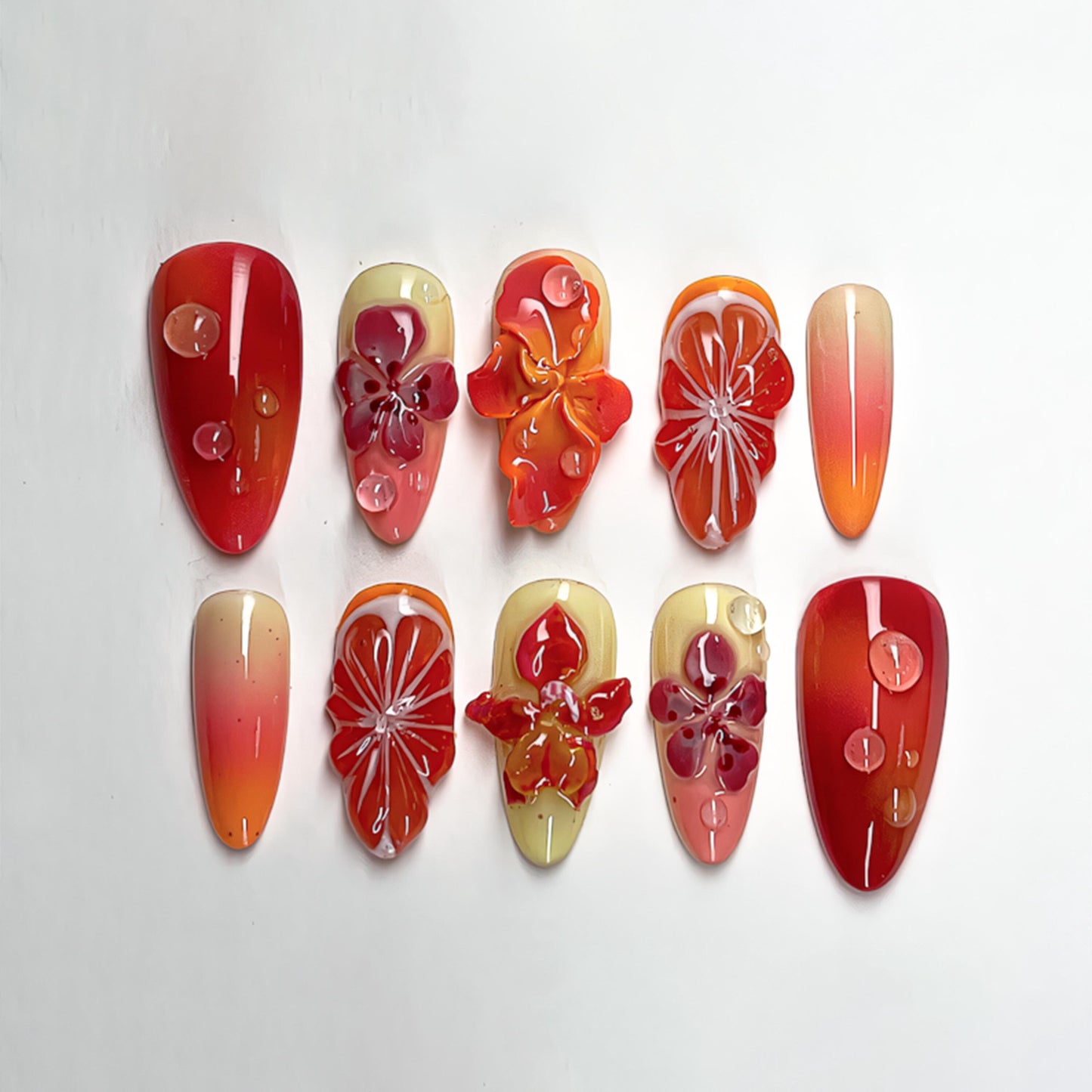 Tropical Red Orange 3D Flower Press On Nails