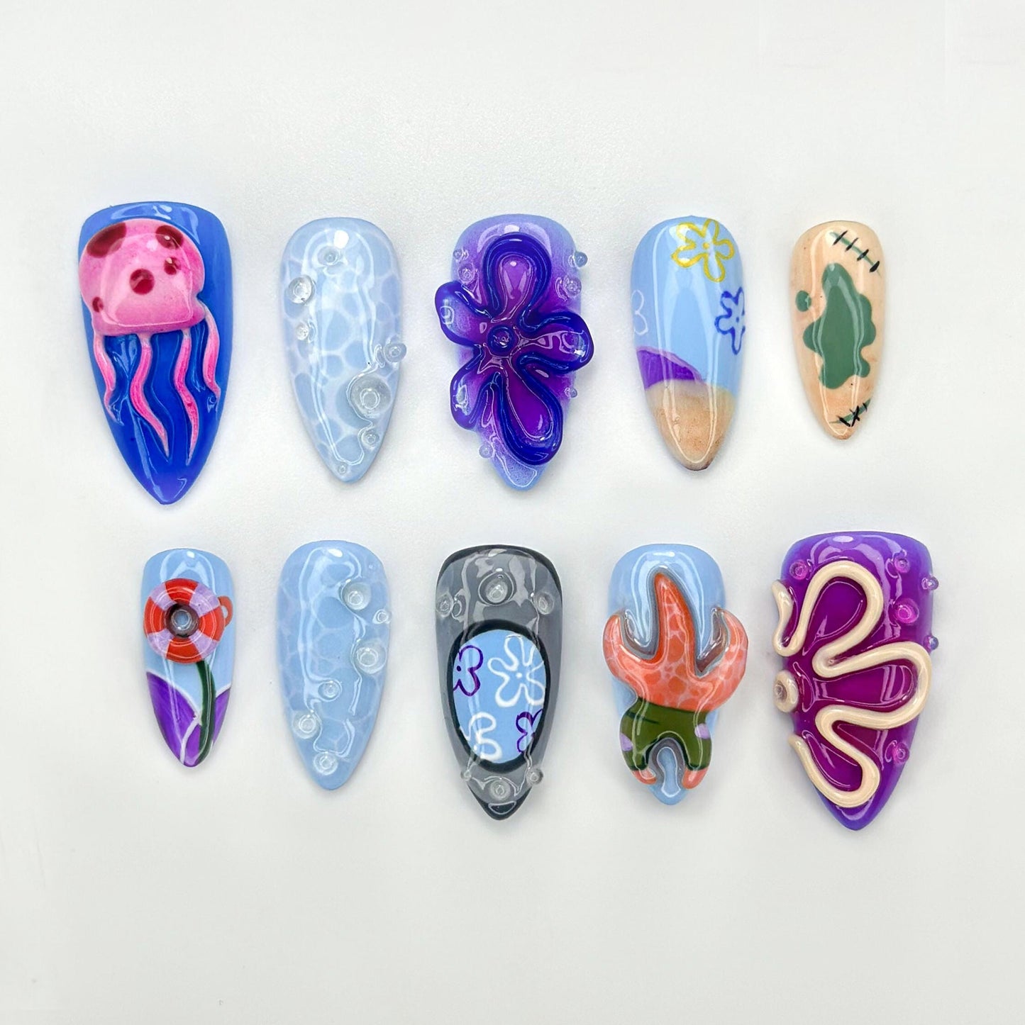 Undersea Cartoon Chaos Press On Nails - Ocean Jellyfish Starfish Press On Nails