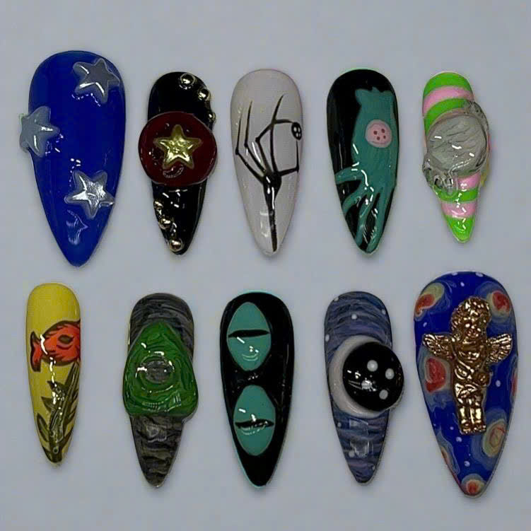 Unique Hand Painted Abstract Alien Star Angel Press On Nails