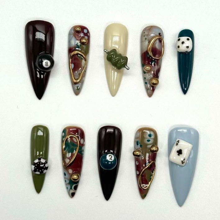 Unique Hand Painted Casino Billiard Dice Playing Card Press On Nails