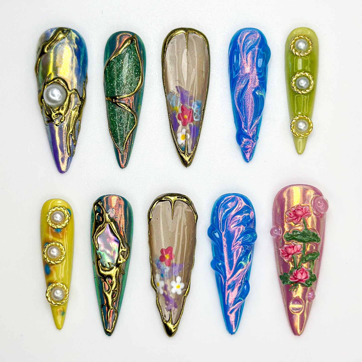 Vibrant 3D Floral Metallic Nail Art Set