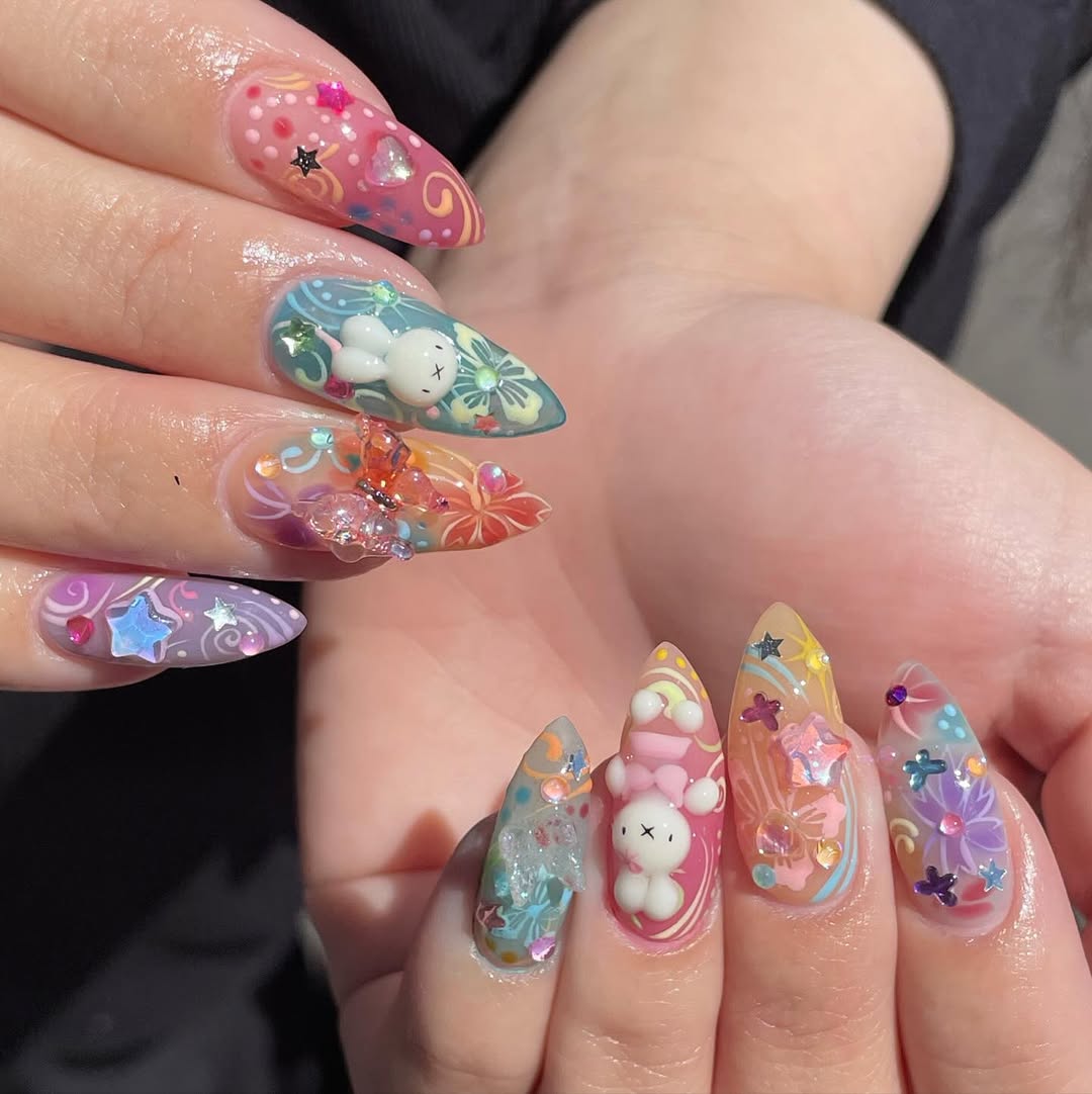 Vibrant Floral Bunny Press On Nails with Stylish Design