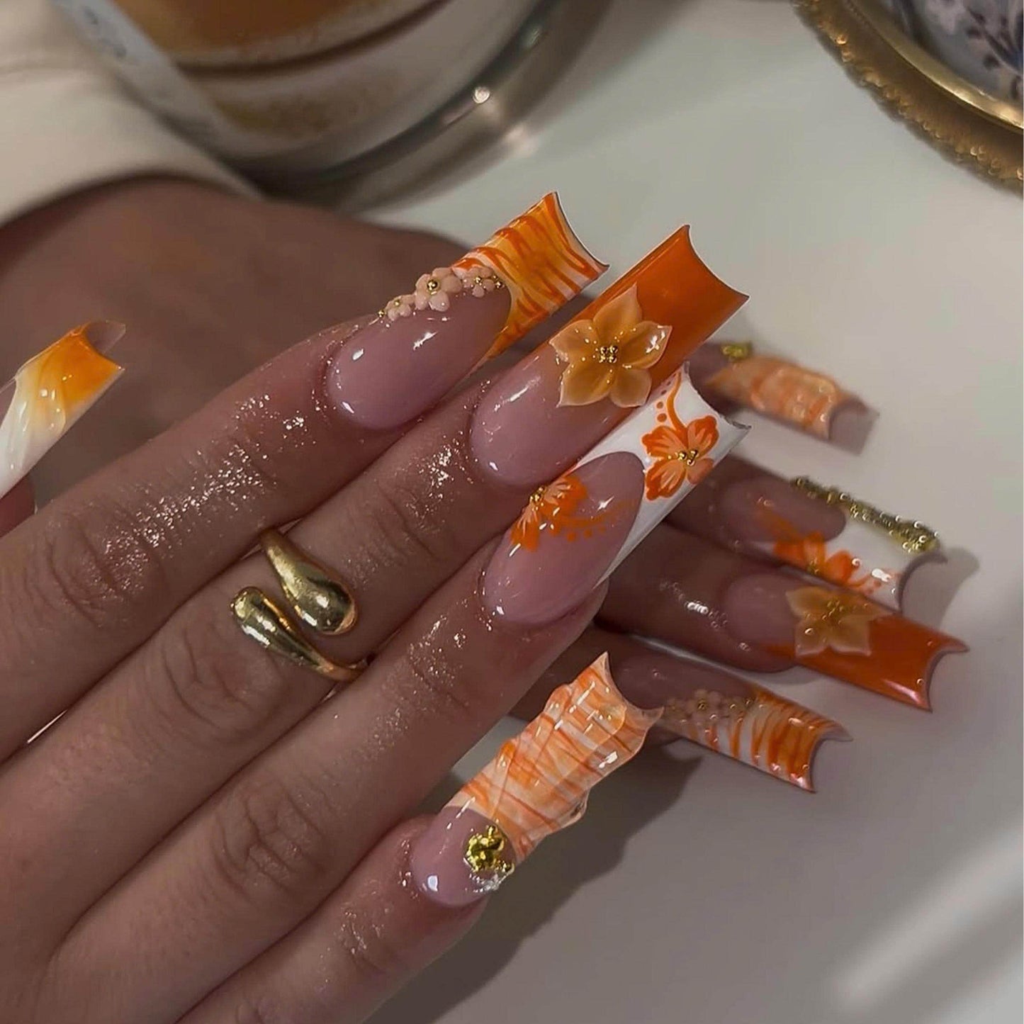 Vibrant Orange Flower Nails - Tropical Orange Floral Press Nails