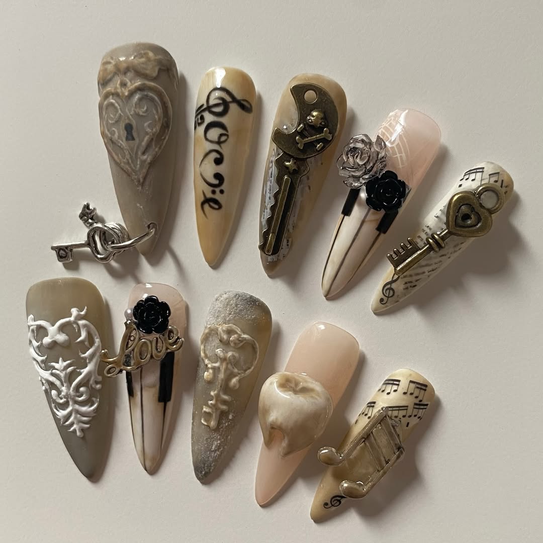 Vintage Key and Rose Handmade Press-On Nails with Artistic Details