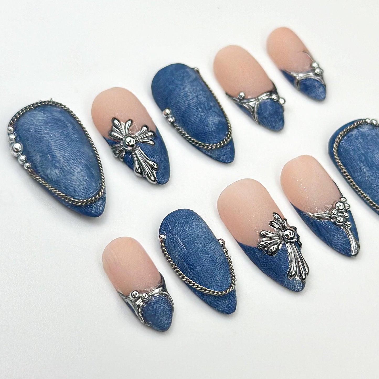 Denim Chic Press On Nails with Silver Accents