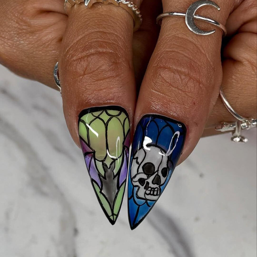 Stained Glass Halloween Press On Nails - Stained Glass Skull Halloween Press On