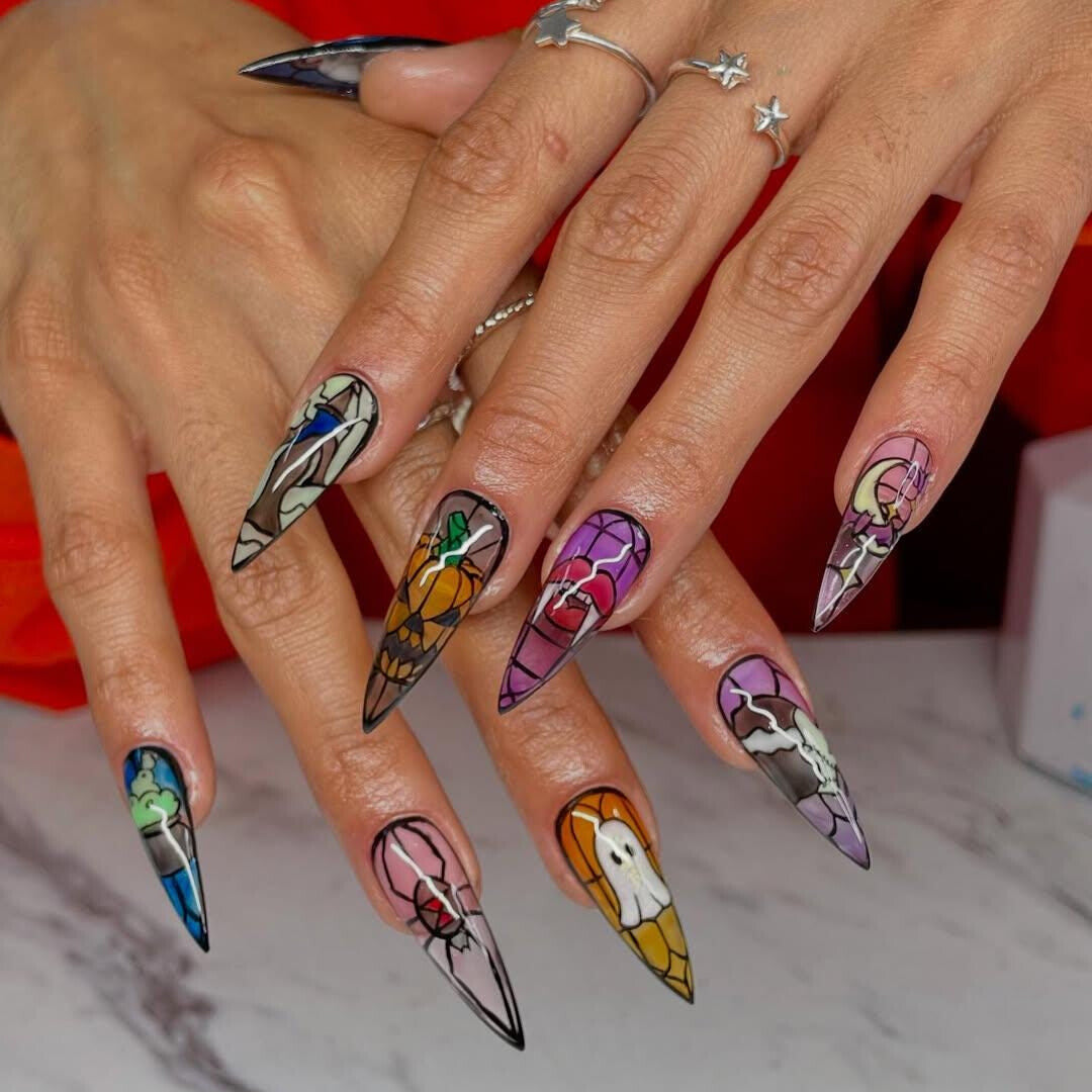 Stained Glass Halloween Press On Nails - Stained Glass Skull Halloween Press On